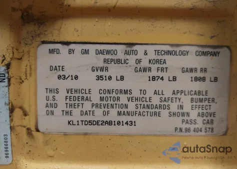 2010 Chevrolet Aveo Ls из США, поврежденный, VIN KL1TD5DE2AB101431